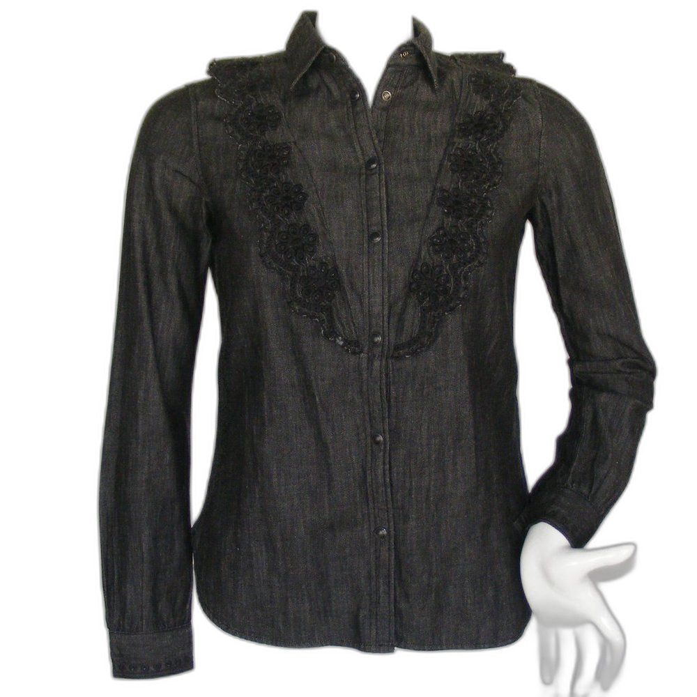 SCOTCH & SODA Blouse, XS, Black Denim, Eyelet Ruffle bib, Long sleeve, Snaps